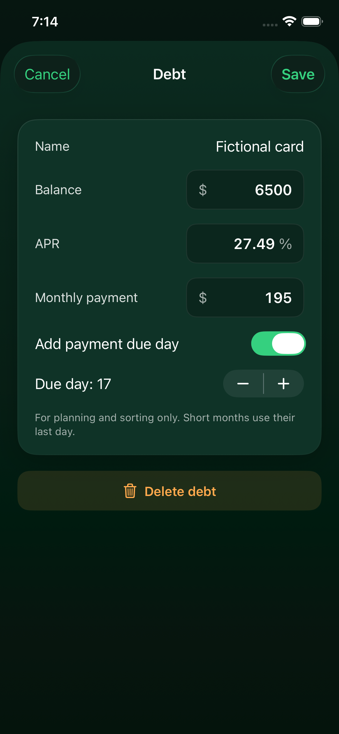 Actual manual debt-entry screen using fictional values: balance 6,500, APR 27.49 percent and monthly payment 195.