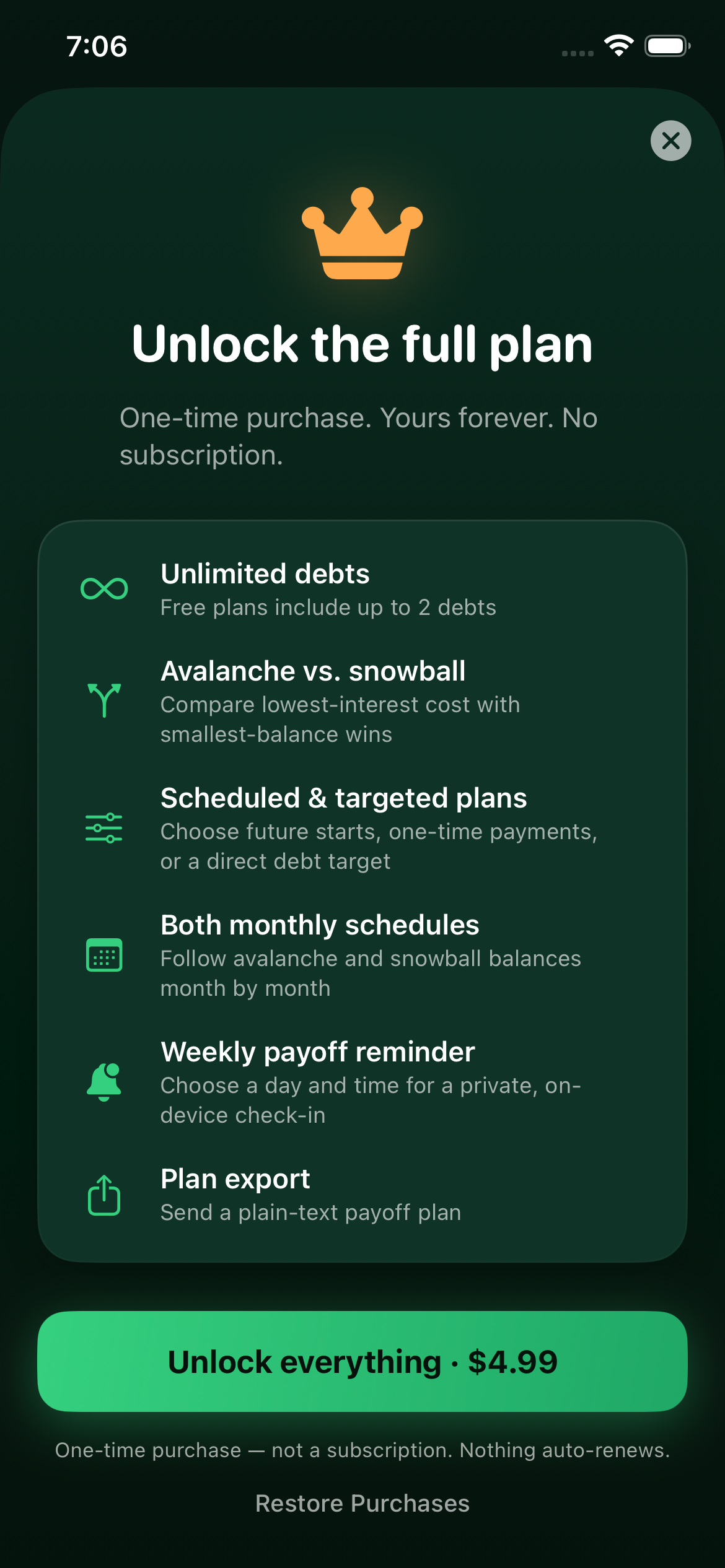 Debt-Free Lifetime screen listing unlimited debts, Snowball comparison, advanced scenarios, schedules, reminders, and plan export for $4.99 once
